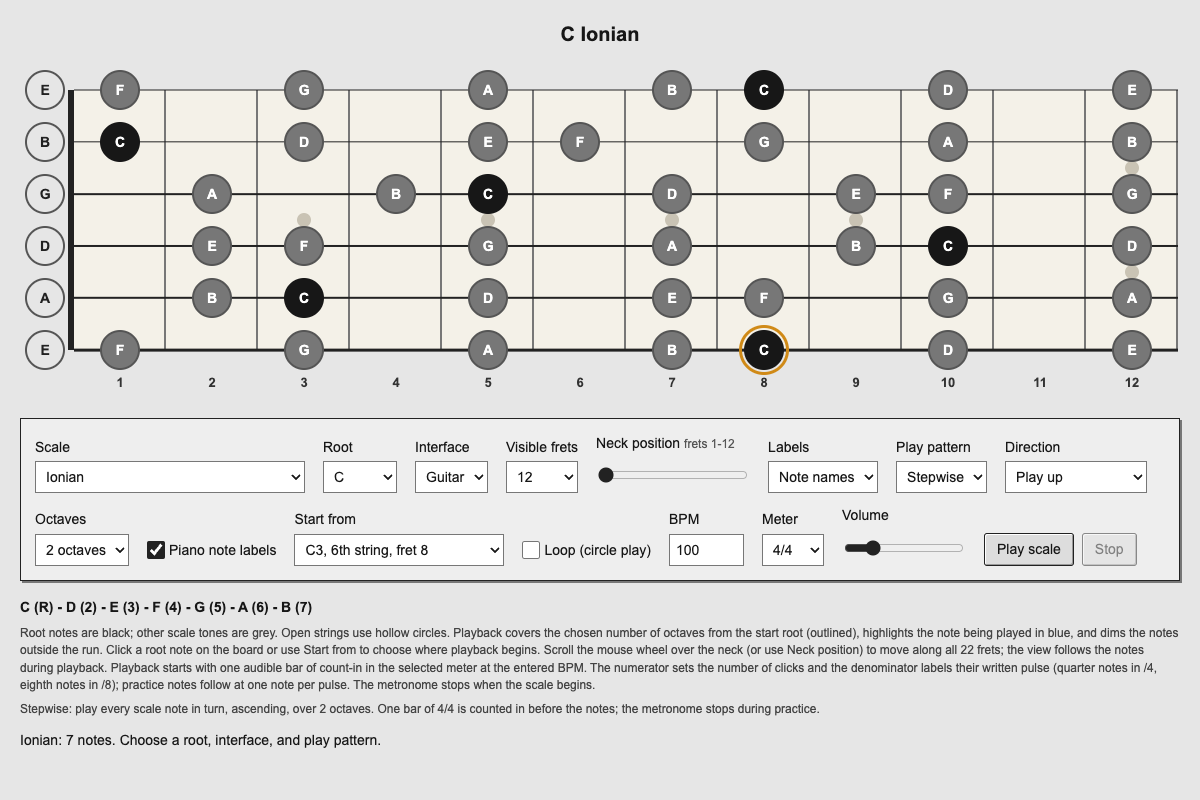 Scale Dictionary showing scale notes on a horizontal guitar fretboard with scale selection and playback controls.
