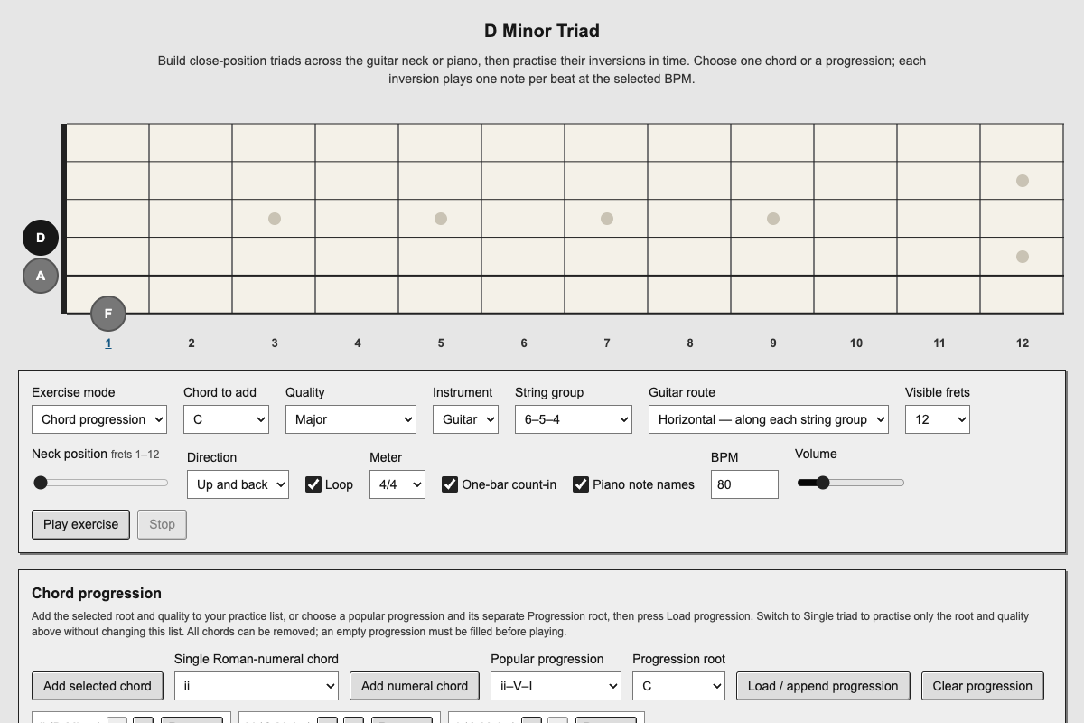 Triad Exercise showing guitar triad inversions, string groups, chord progressions and looping playback controls.